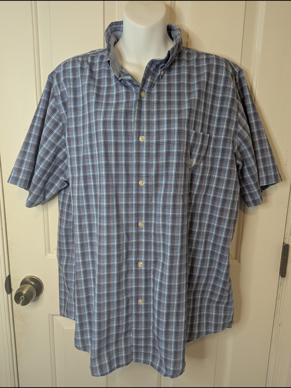 Chaps Easy Care Casual Shirt Sleeve Dress Shirt Men's Large Red Blue Black Plaid
